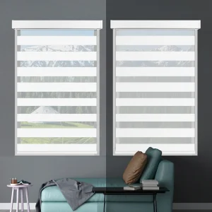 White Cordless Zebra Blinds in a Mississauga Living Room safe for kids